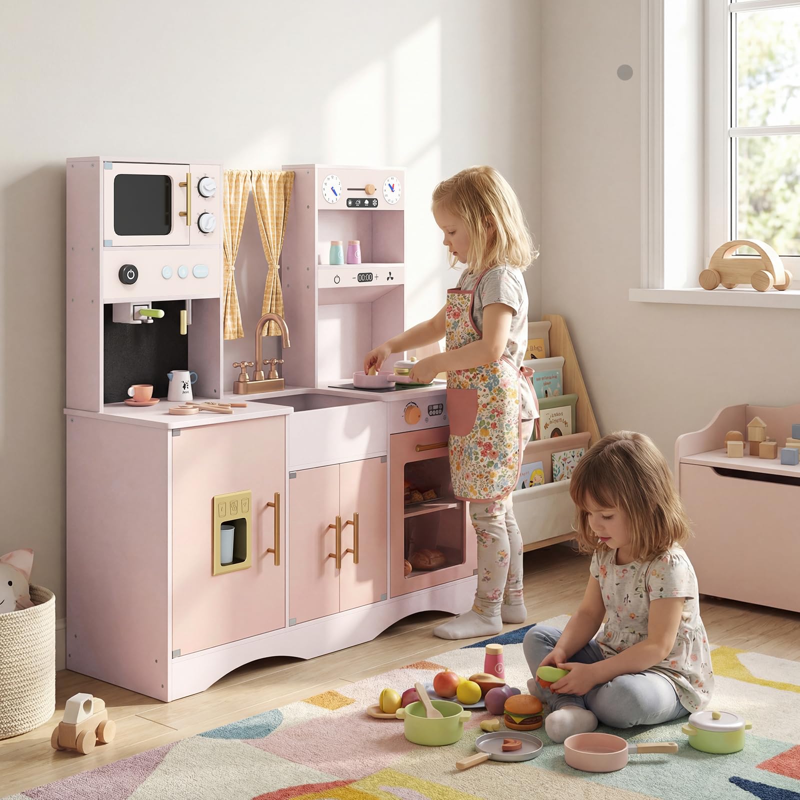 COSTWAY Set da Cucina per Bambini, in Legno, per Bambini 3+ Anni (Rosa)