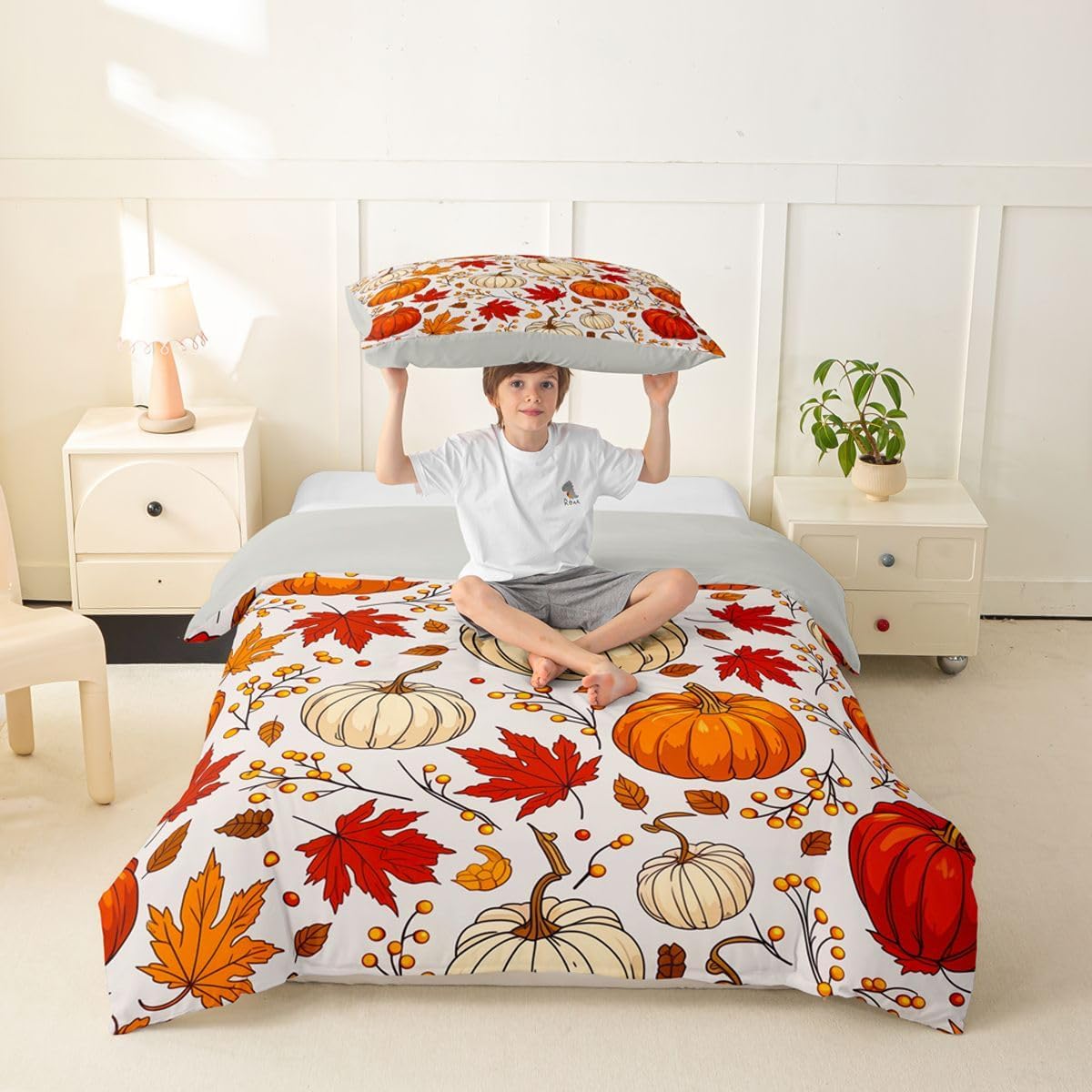 Erosebridal Cartoon Pumpkin Duvet Cover Toddler Size Red Orange Autumn Maple Leaves Comforter Cover Wild Fruits Branches Bed Set Botanical Nature Bedding Set