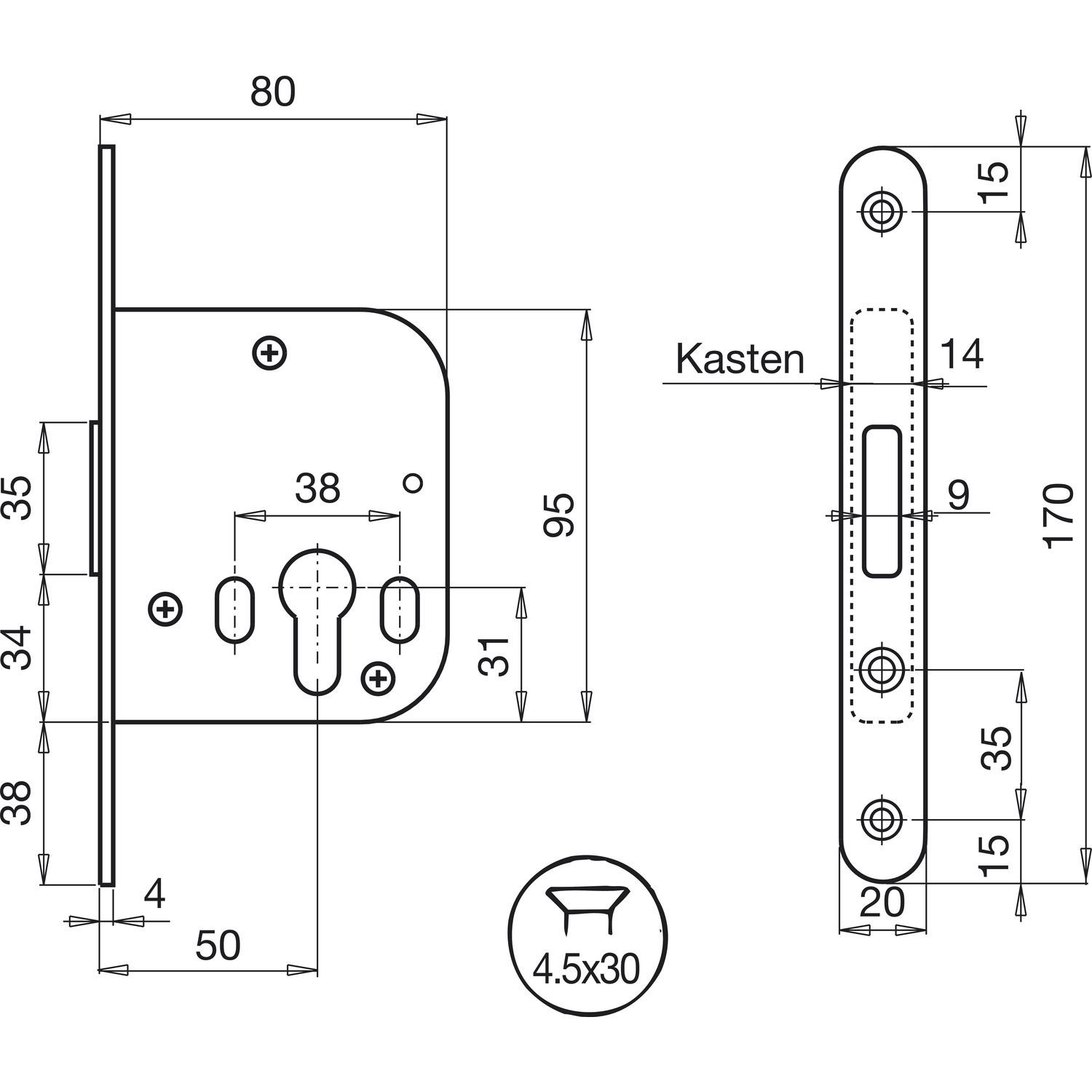 Einstemm-Riegelschloss WG 48 PZ, DM 50 mm, Edelstahl-Effekt, 1 Stück | Zubehör Beschläge Einstemmschlösser