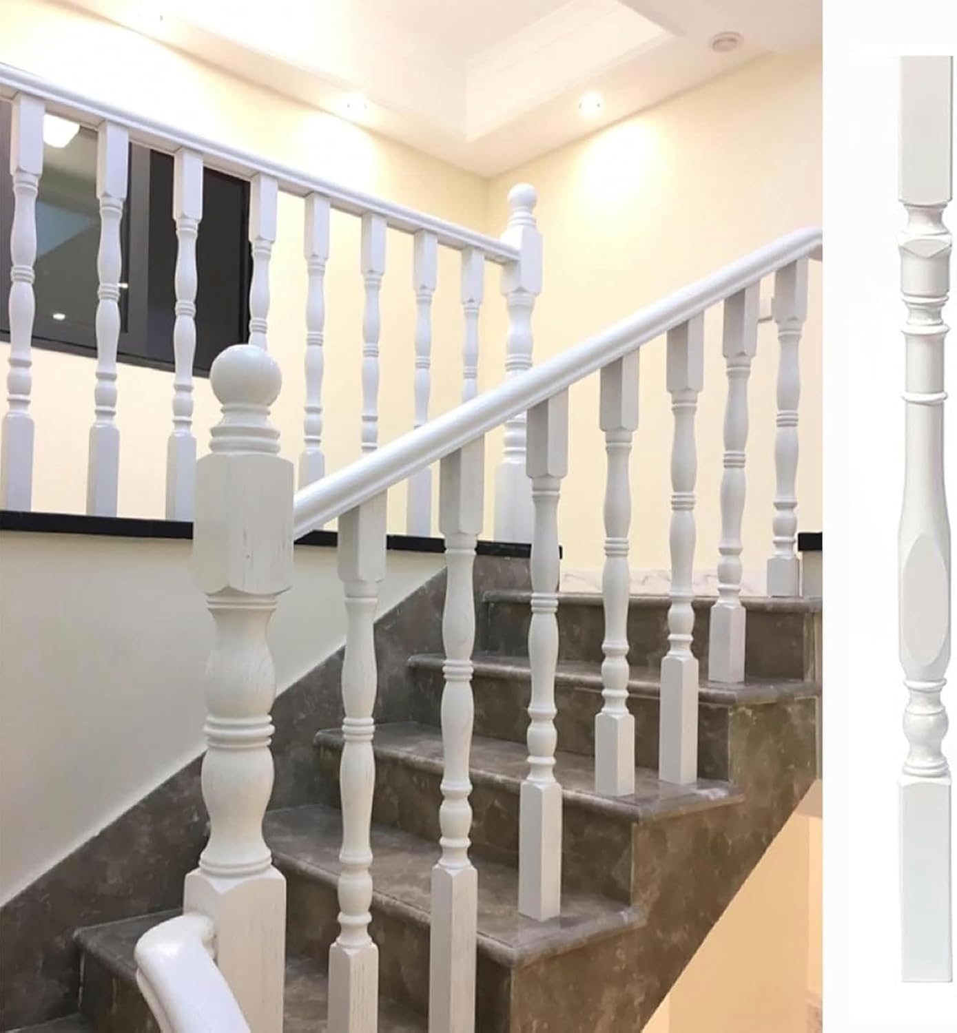 White Stair Balusters Solid Wood Baluster Column, 2" Stair Rail Spindles Square, Interior Exterior Staircase Balusters Kit with Mounting Screws
