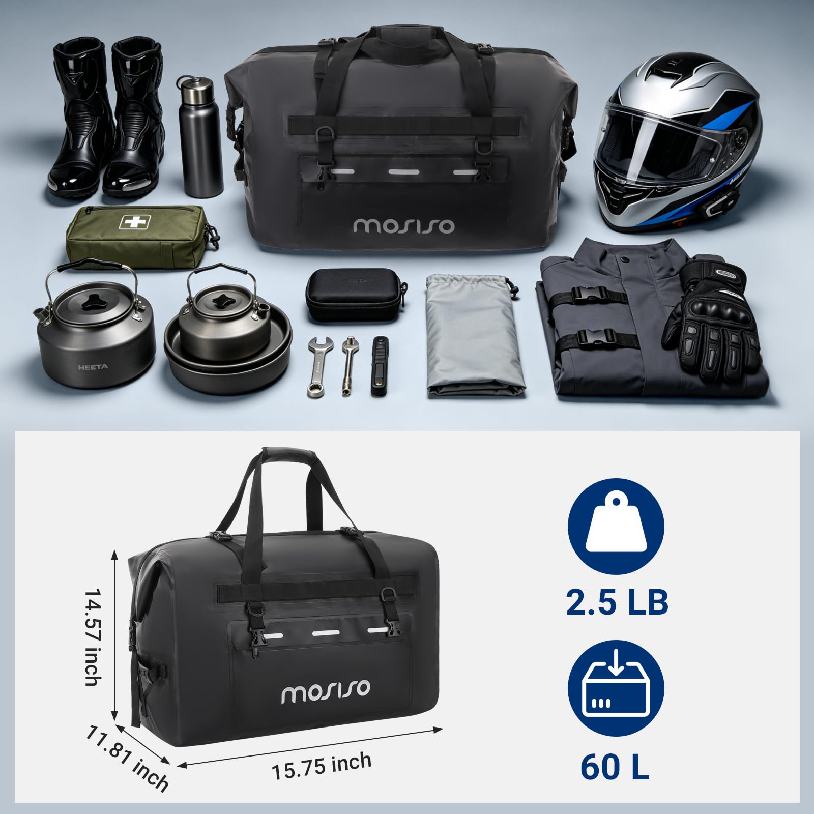 MOSISO Sac Moto Imperméable 60L, Grand Sac Coffre Arrière avec Bandoulières, Poches Zippées, 4 Sangles à Dégagement Rapide pour Moto Voyage Camping, Fermeture Enroulée, Noir