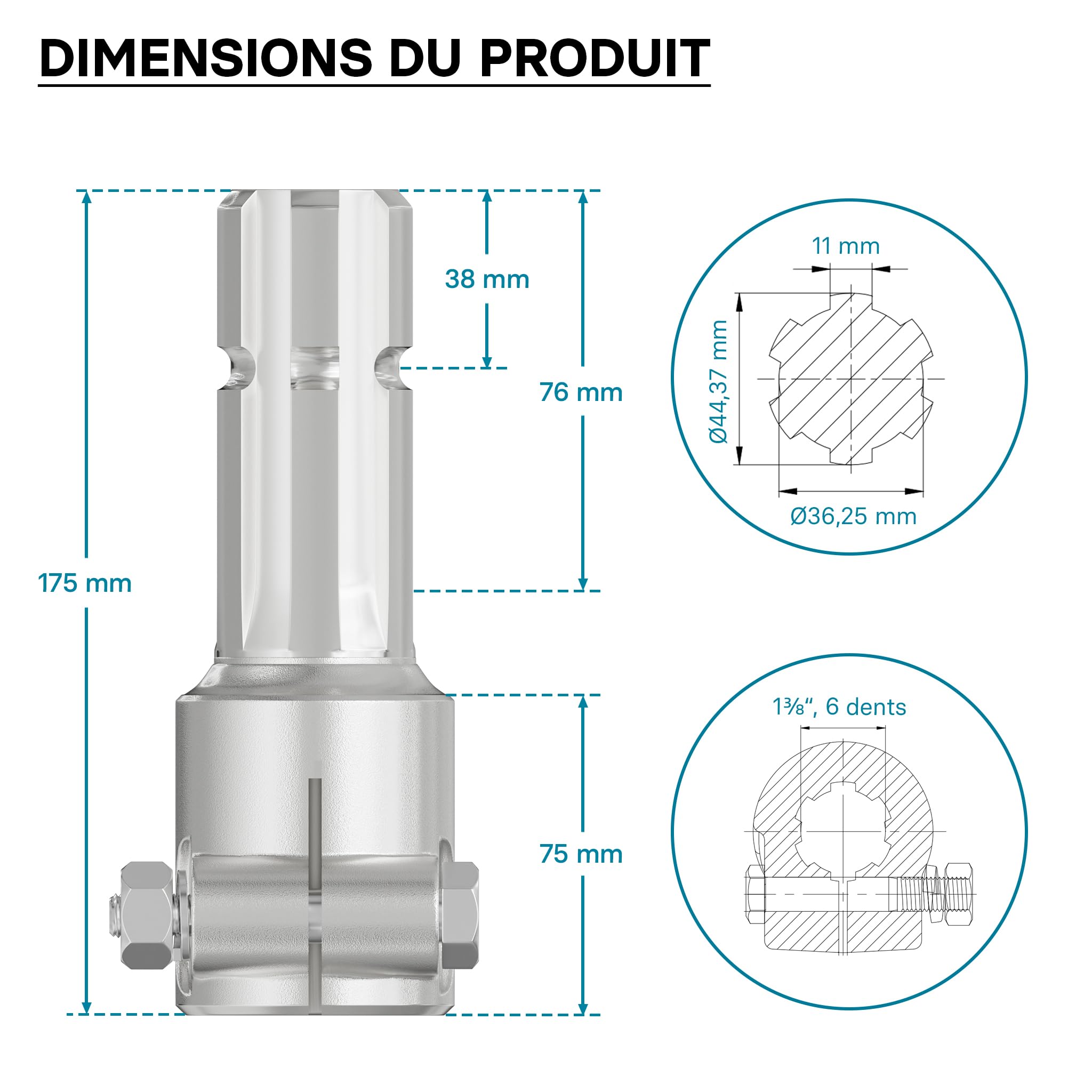 WilTec Manchon de Prise de Force Cardan - Longueur 175 mm - Raccord logement 1 3/8" 6D - Raccord Sortie 1 3/4" 6D - Ø 36 mm/44,37 mm - Arbre cannelé de Tracteur