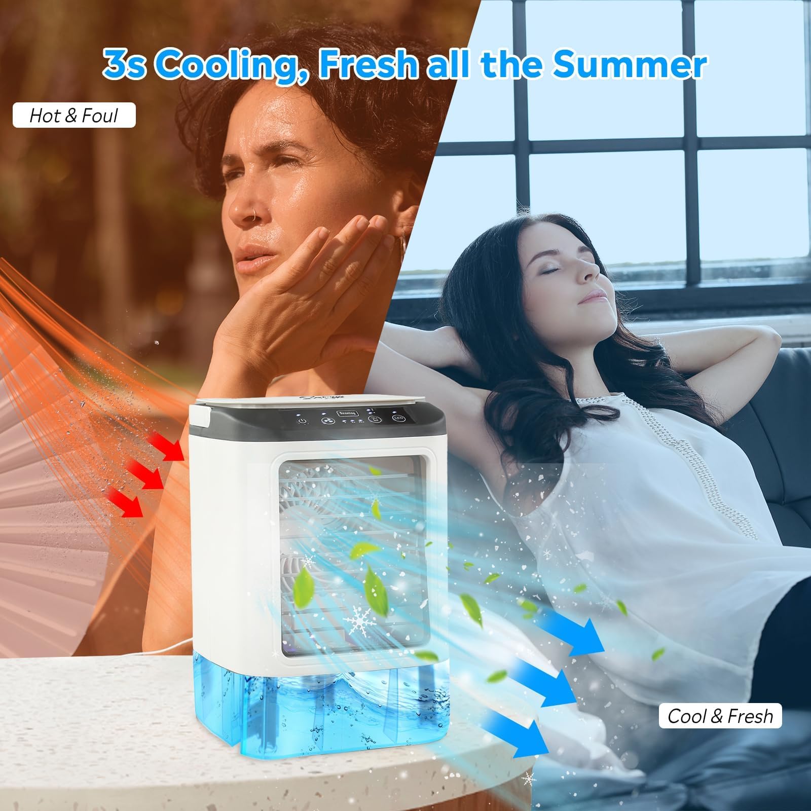 Raffrescatore D'aria Evaporativo Portatile, Ventilatore 4 In 1 Con Contenitore Per Il Ghiaccio, Serbatoio Dell'acqua Da 900 Ml, 2 Livelli Di Nebulizzazione, 3 Velocità E Modalità Boost