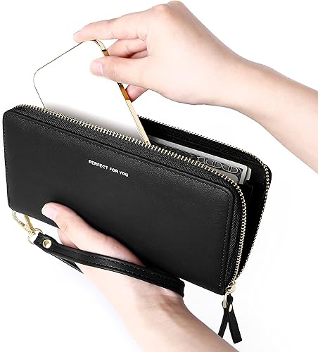 Miniatura 6 de VOCUS Cartera para mujer con bloqueo RFID y cremallera alrededor de la cartera de piel sintética grande para viaje, tarjetero de crédito con correa