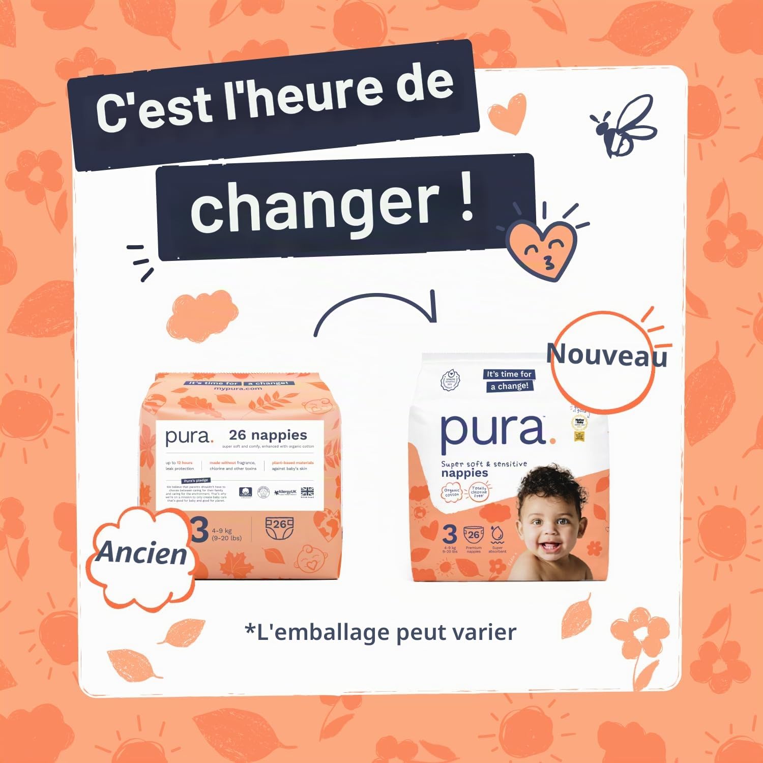 Pura Couches Écologiques, Taille 3 (4-9kg), Pack Mensuel de 156 Couches, Ultra Douces pour Peau Sensible, Coton Bio, 12 Heures de Protection Contre les Fuites