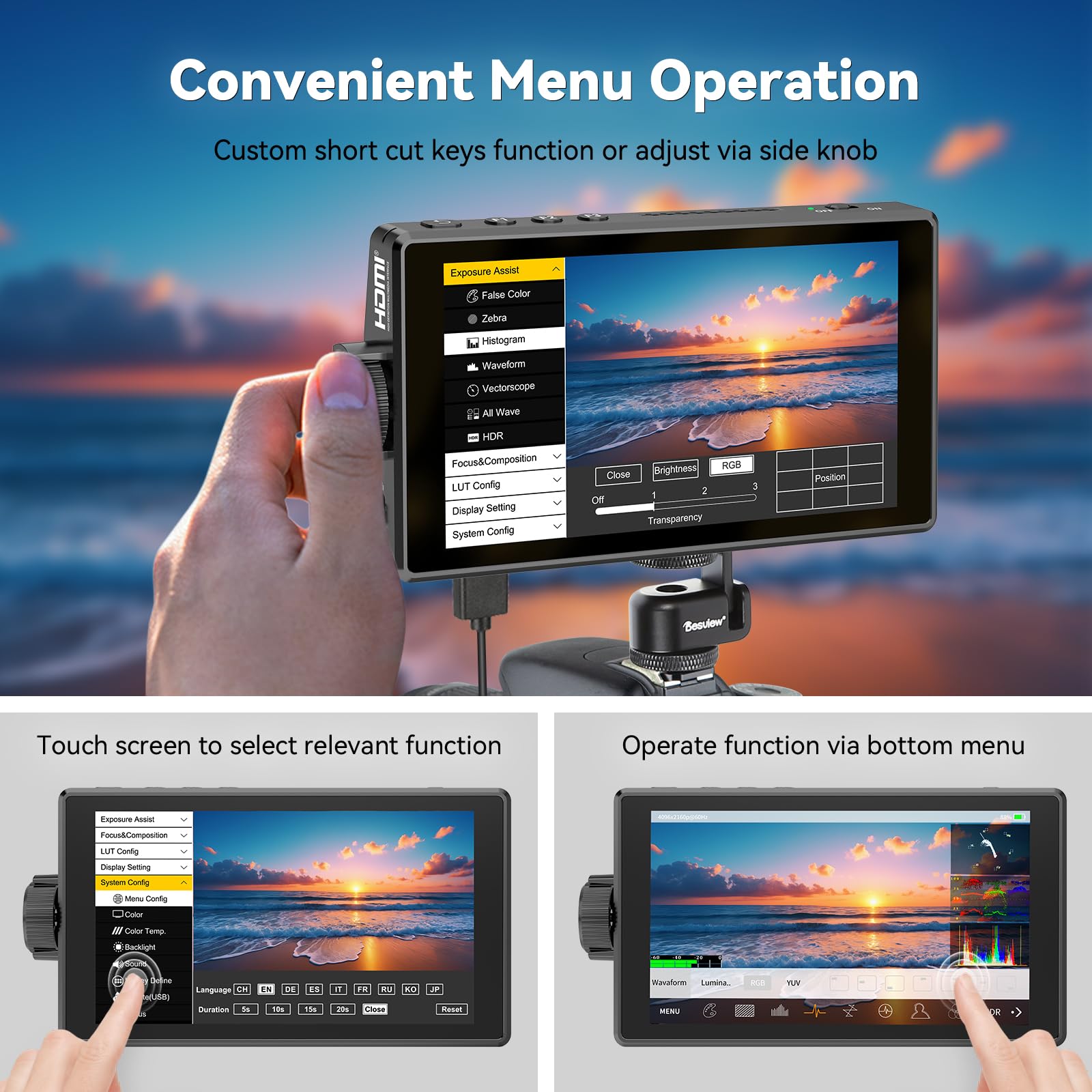 Desview A5 Touch Screen Camera Field Monitor 5.5 pollici 600nits 4K HDMI in/Out Monitor fotocamera esterna per DSLR con HDR 3D LUT Full-Waveform Peaking Focus Assist, parasole e custodia per il