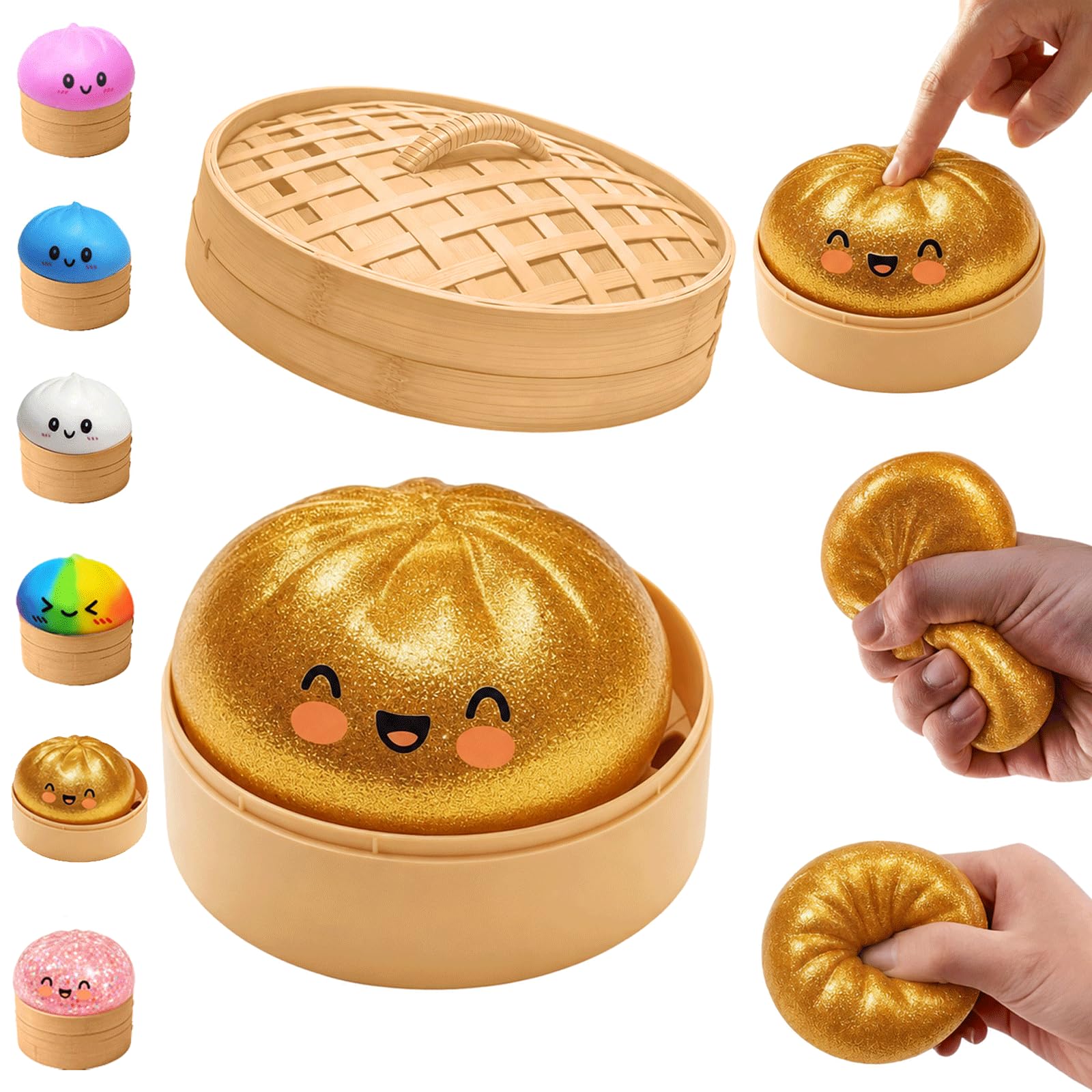 Dumpling Squishy For Adults, Bao Bun Fidget Real Office Desk Decor, Squeeze Ball for Anxiety Stress Relief, Surprise Gift (Glitter Gold)