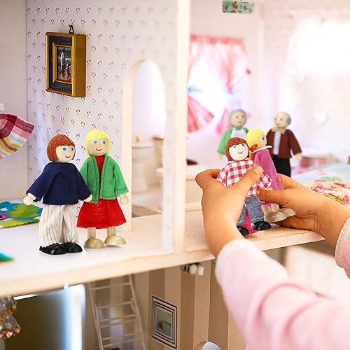 Miniatura 5 de Juego de 7 casas de muñecas de madera, mini figuras para juegos de simulación, accesorios clásicos para casa de muñecas para niños y niños pequeños