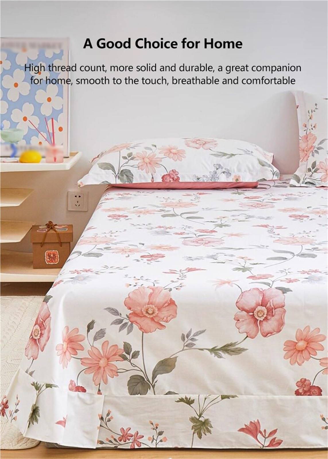 Sábana encimera Cama 90/105/135/150/160/180cm 160/200x230cm 245x245/265cm Floral de algodón 100%, sábana Plana de Sarga Transpirable y acogedora(Flower I,245x265cm+48x74cm x2)