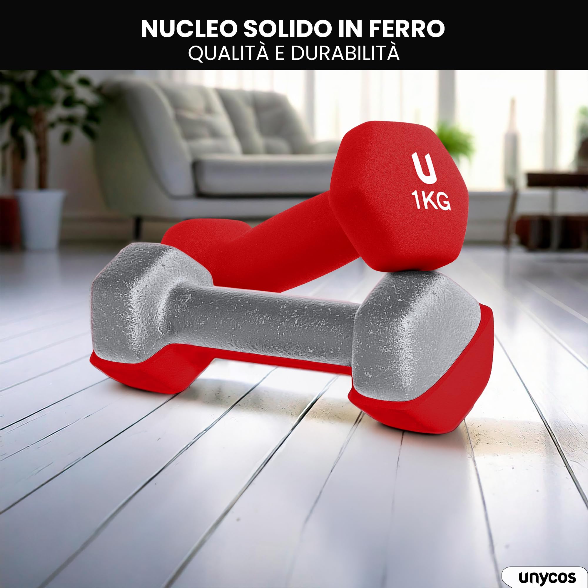 unycos - Coppia di Manubri【Ghisa/Neoprene】Esagonale da 1-10 kg, Set di Pesi Antiscivolo per Uomini/Donne, Palestra in Casa, Fitness, Allenamento della Forza, Include E-Book con 30 Esercizi