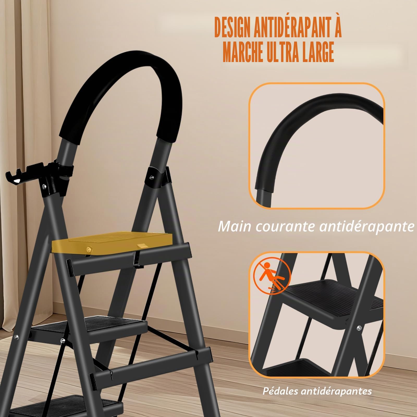 Escabeau Pliable en Acier, Marchepied Antidérapant 4 Marches, Escabeau Stable et Compact pour Maison, Cuisine et Bureau(Noir)
