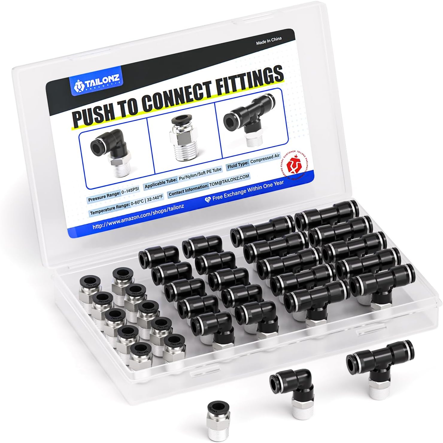 TAILONZ PNEUMATIC Elbow/Straight/Tee Combination 3/8 Inch Tube OD x 1/4 Inch NPT Thread Push to Connect Fittings PC+PL+PT-3/8-N2(Pack of 30)