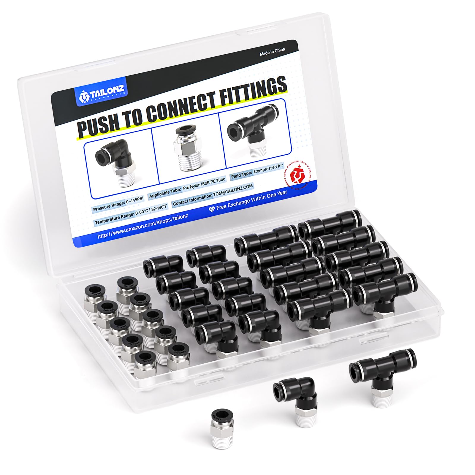 Raccord à pousser 3/8" OD x 1/4" NPT TAILONZ PNEUMATIC | Lot de 30 pièces pneumatiques PC PL PT