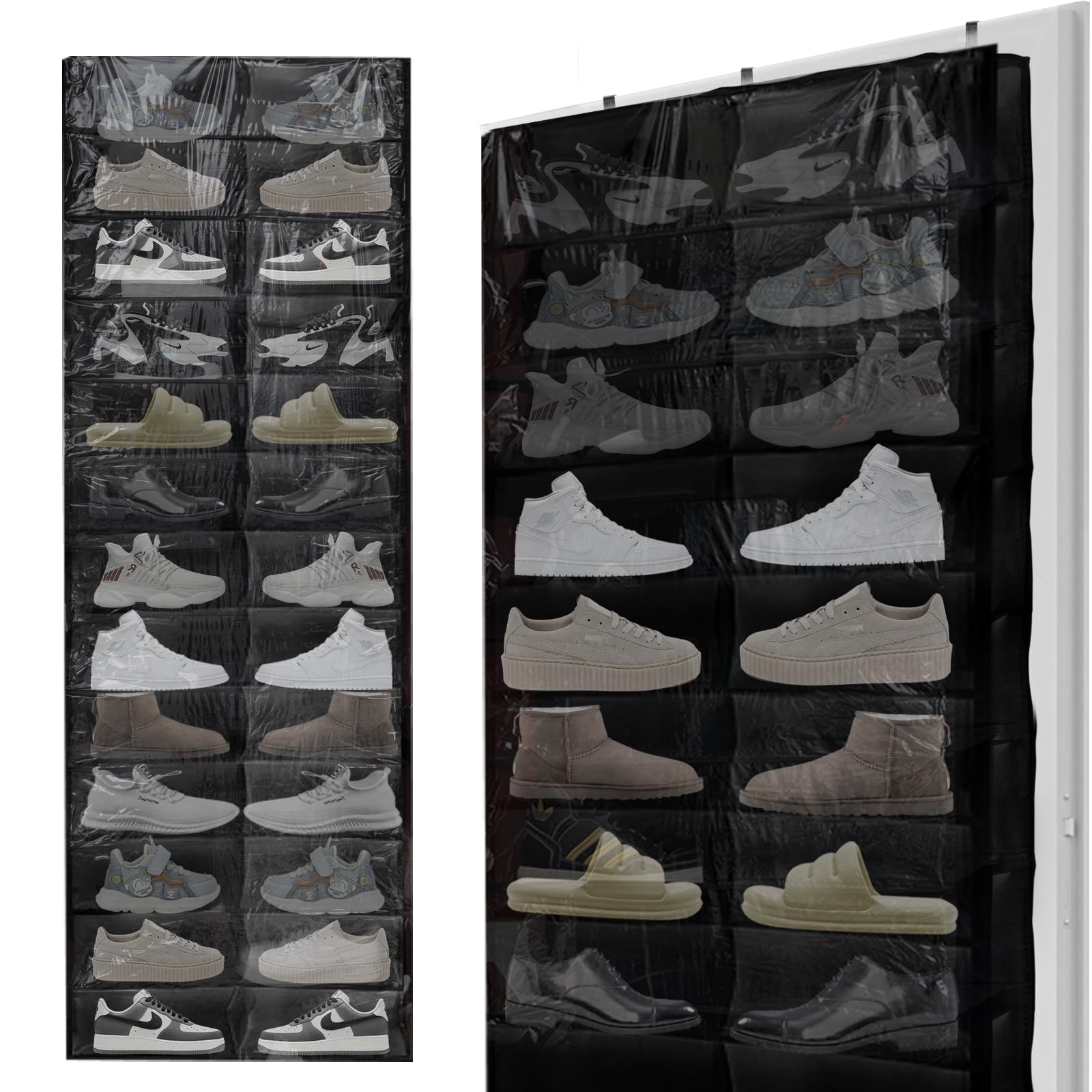 Photo 1 of 1PCS Black Over the Door Shoe Organizer with 26 Clear PVC Pockets Hanging Shoe Rack for Door Shoe Holder, Shoe Shelves with Hooks for Wall Closet Storage (Black)