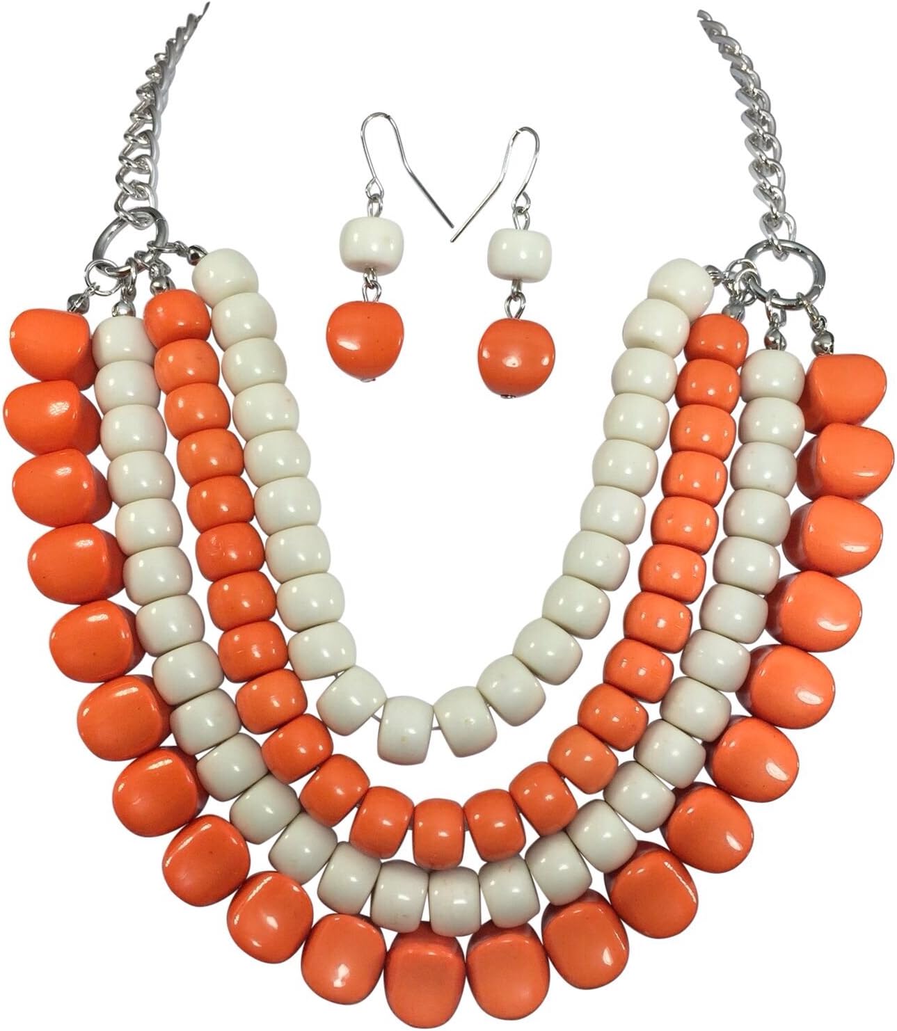 Gypsy Jewels 4 Row Layered Bib Beaded Statement Necklace & Earrings Set (Orange & White)