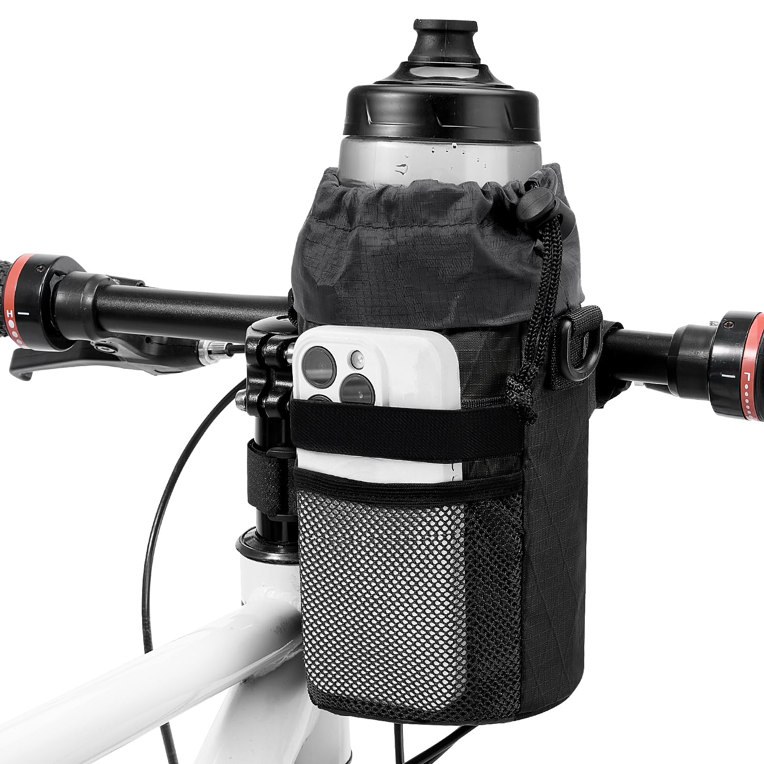 WOTOW Bike Water Bottle Holder - Universal Bike Cup Holder with Adjustable Shoulder Straps and Mesh Pockets, Insulated Drink Holders for Cruiser, Scooter, Mountain Bike & Wheelchair
