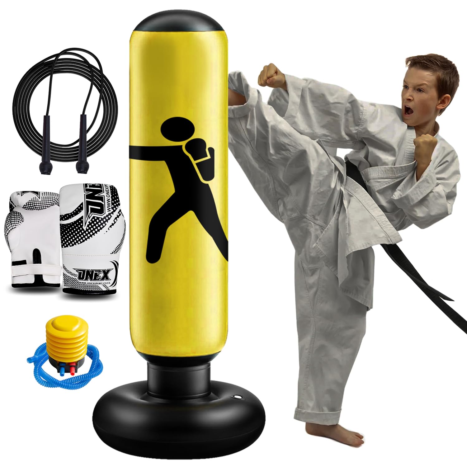 Inflatable Punching Bag with Kids Boxing Gloves 2oz & Skipping Rope – Free Standing Boxing Bag Set for Kids & Adults | Home Fitness, Kickboxing, Martial Arts, MMA, Karate & Gift (Yellow)
