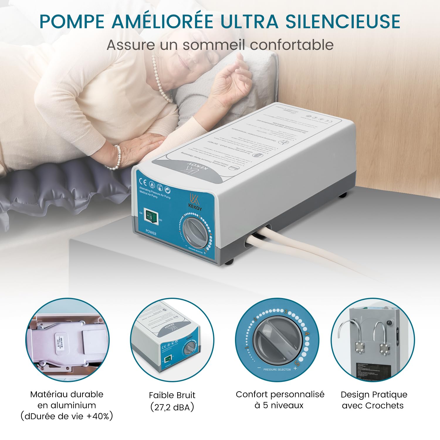 Kekoy Matelas Anti-Escarre à Pression Alternée, Prévention des Escarres de Lit avec Micro-évents, Pompe Silencieuse, Imperméable, pour Hôpitaux, Maisons et Lits Médicalisés - 190 x 90 cm (Bleu)