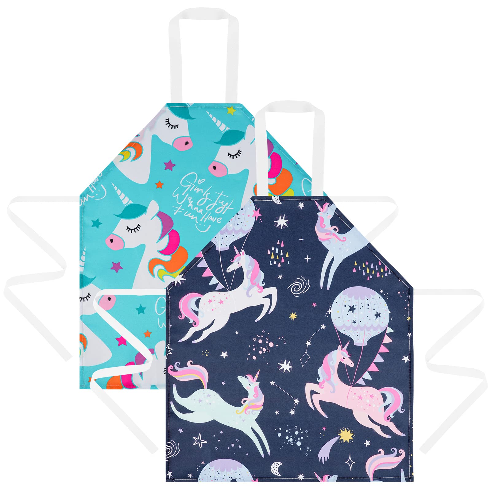 HOTUT 2 Pcs Kids Aprons, Cartoon Style Adjustable Child Chef Aprons, Unicorn Print Children's Apron for Kids Toddler Painting Baking Artist (Blue+Black)