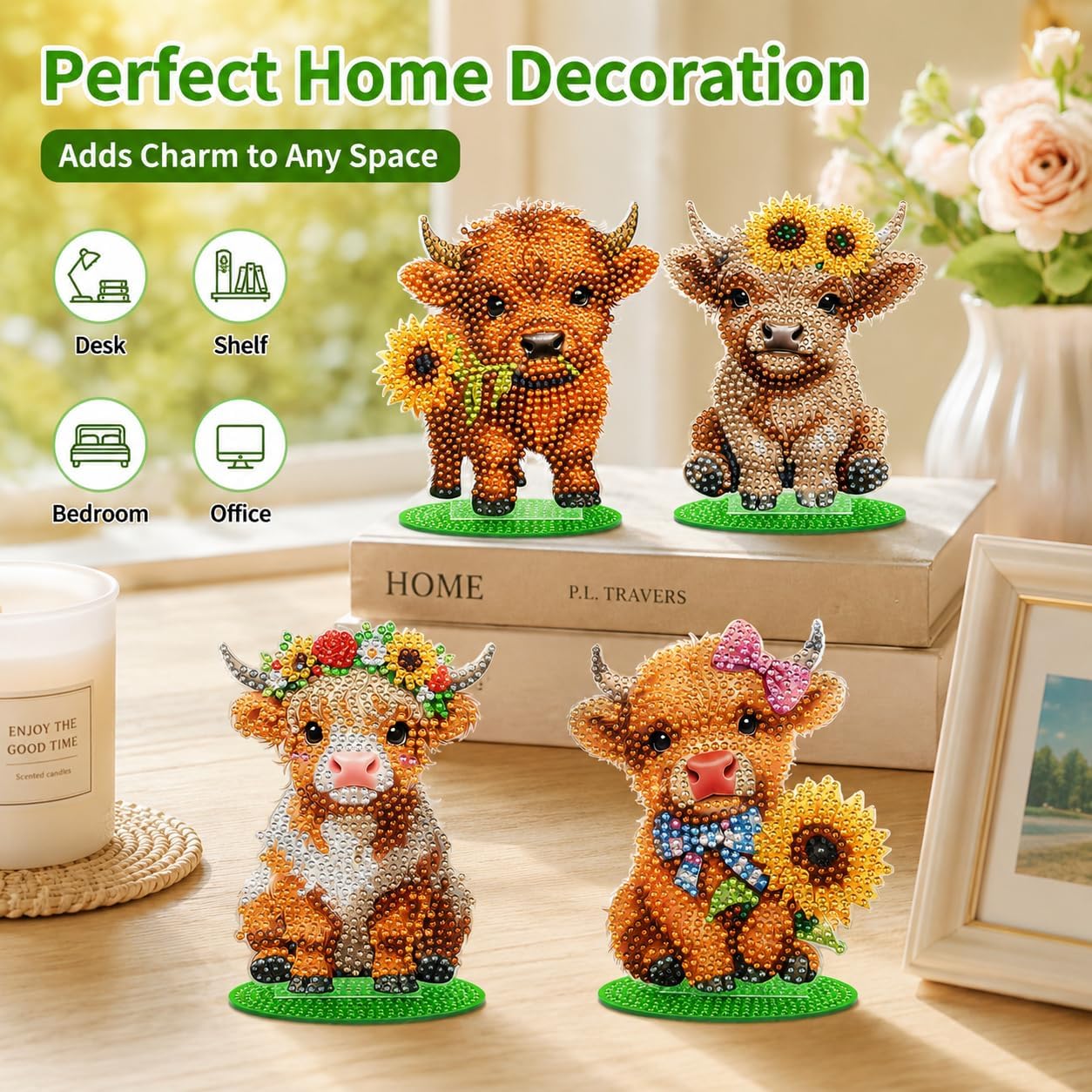 Crystallyn Highland Cow Diamond Art Kit for Adults Stand Up Acrylic 4 Pack | Full Drill Cute Small Diamond Art Kit, 5D Diamond Painting for Adults Beginners, Craft Gifts for Tabletop Desktop Decor