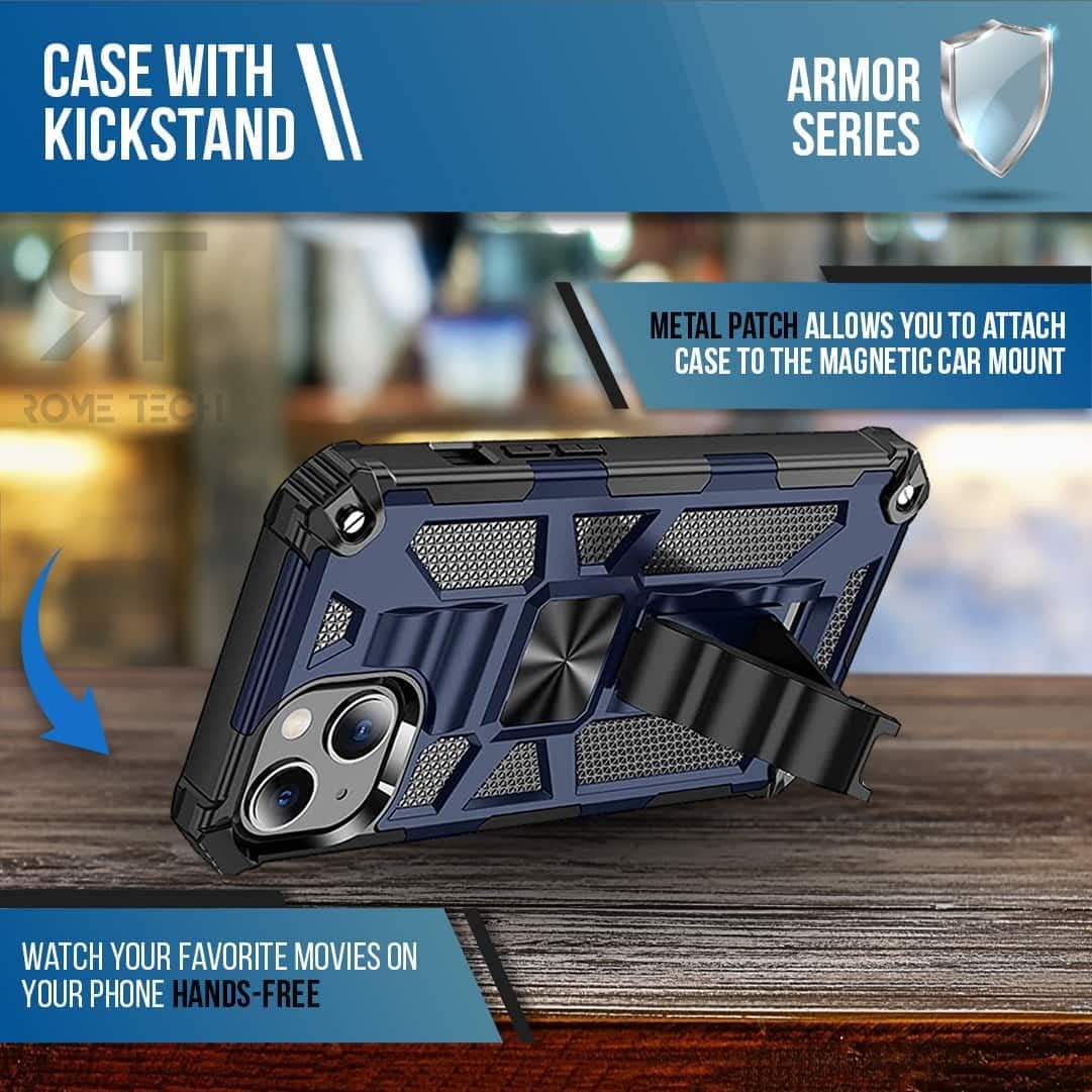 Designed for Apple iPhone 13 (2021) Phone case with Kickstand - Metal Plate, Military Grade iPhone 13 Case with Stand - Blue