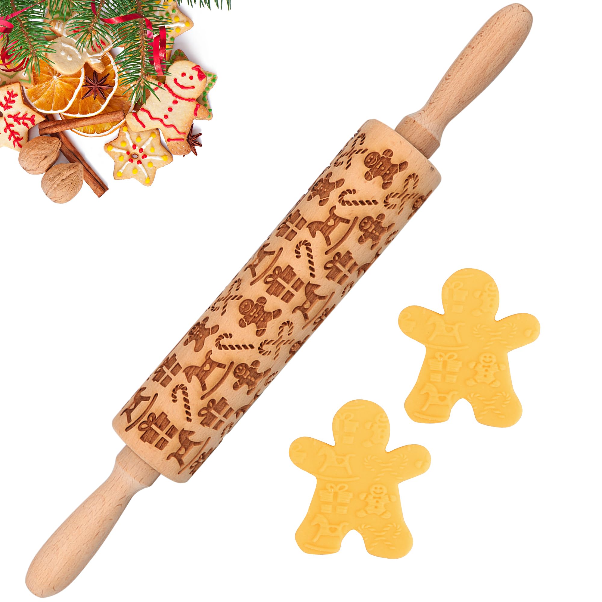 Christmas Gingerbread Embossed Rolling Pin - Perfect Christmas Baking Supplies for Cookie Decorating,Wooden Rolling Pin for Cookies & Pastries,Christmas Theme Cookie Mold