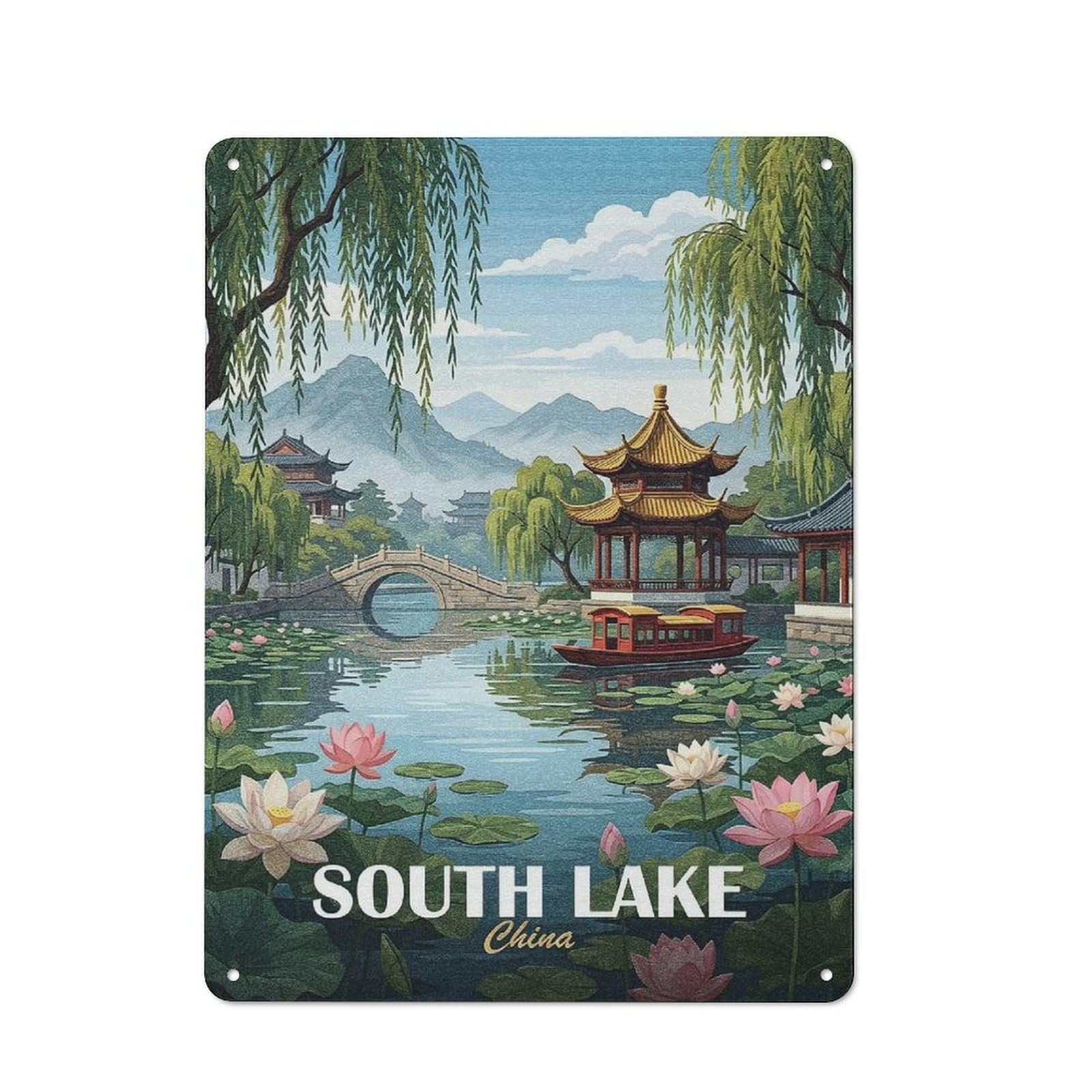 Junmoney Style-24 Retro Metal Plaque 40X30cm Featuring South Lake China Travel For Workshop Wall, For Metal Sign Collectors, For Garage And Workshop Walls
