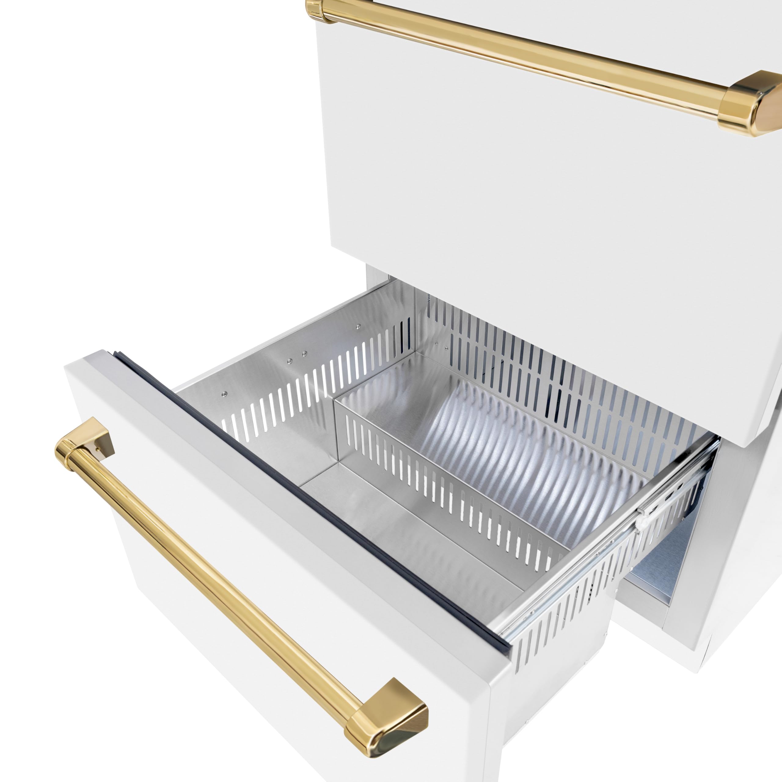 ZLINE Autograph Edition 24 In. Touchstone 168 Can Outdoor-Rated Dual Refrigerator Drawer With White Matte Doors And Polished Gold Handles (Rdsoz-Wm-24-G) on Fridge.com - View 4