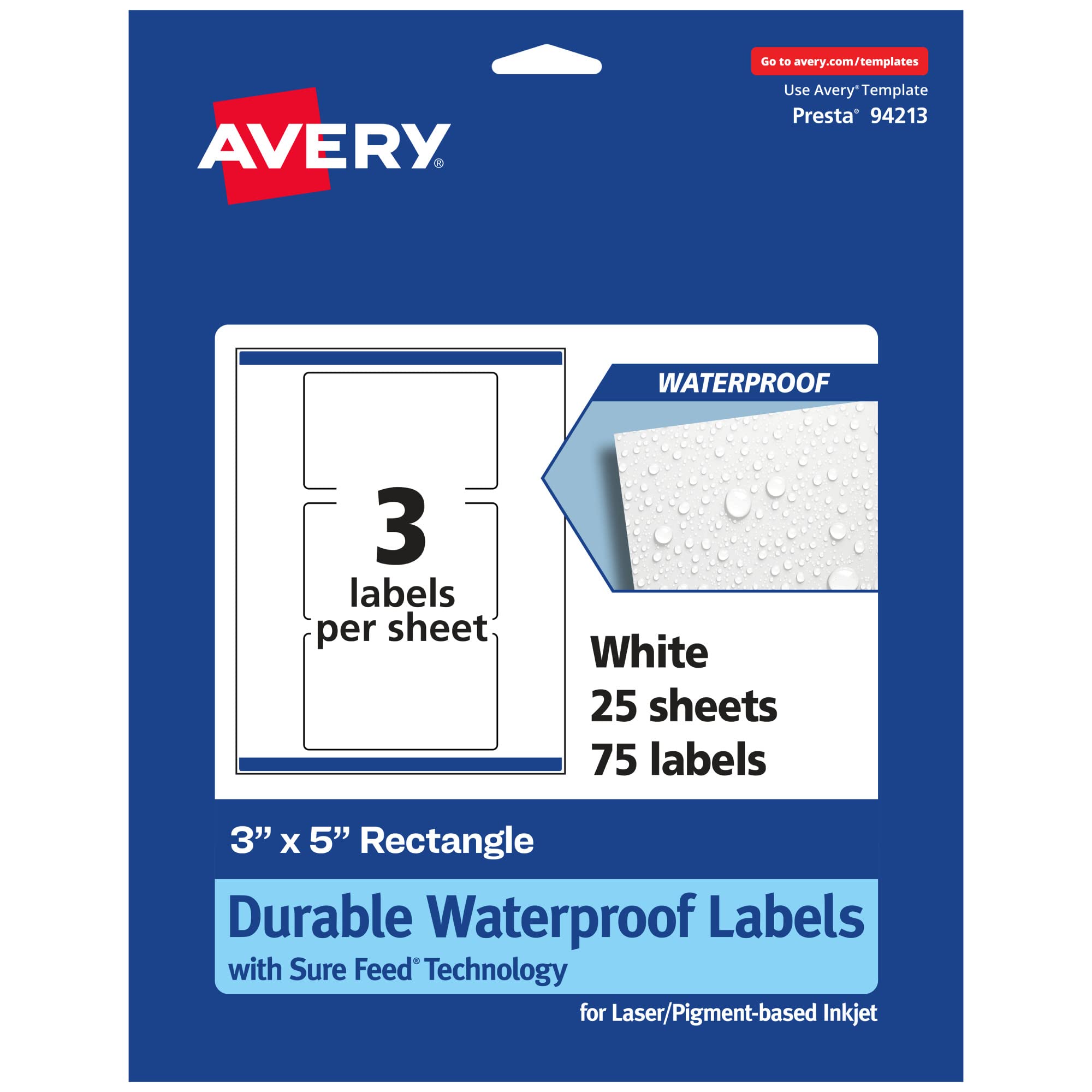 Avery Durable Waterproof Rectangle Labels, Sure Feed Technology, 3" x 5", 75 Total, Oil and Tear-Resistant Waterproof Labels, Print-to-The-Edge, Laser