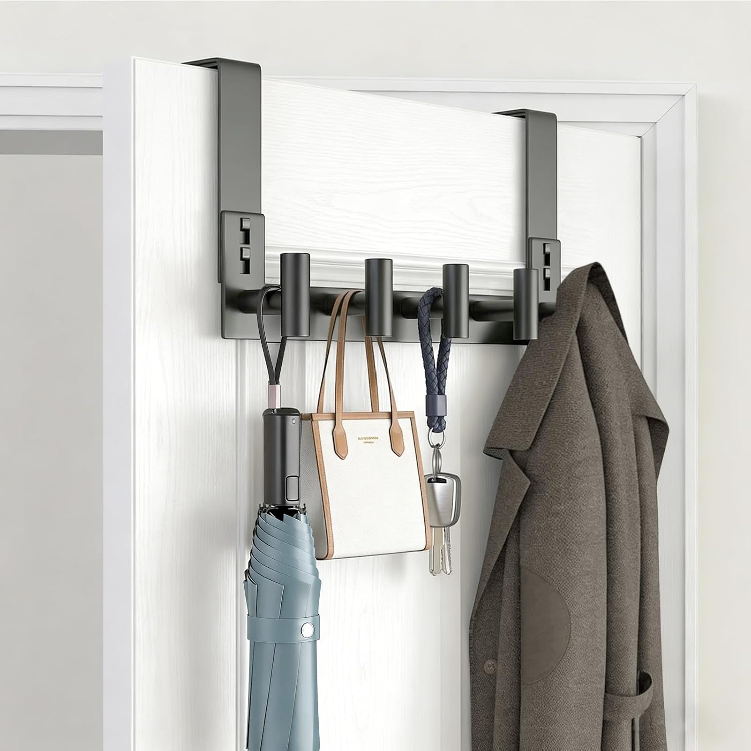 HUFEEOH Over The Door Hooks, Heavy Stainless Steel Coat & Towel Rack, No Drilling Scratch-Free Over Door Hanger Dorm Essentials Bathroom Accessories (Black, Fits 1-3/4" Thick Door - 5 "T Hooks)
