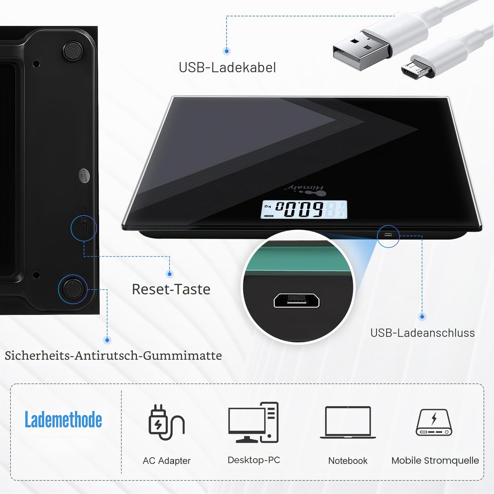 Himaly Digitale Personenwaage Körperwaage mit Großem LCD-Anzeige Nachtsicht Ultradünnes Design Automatisch Waage Badezimmerwaage bis 180KG(400Lbs)