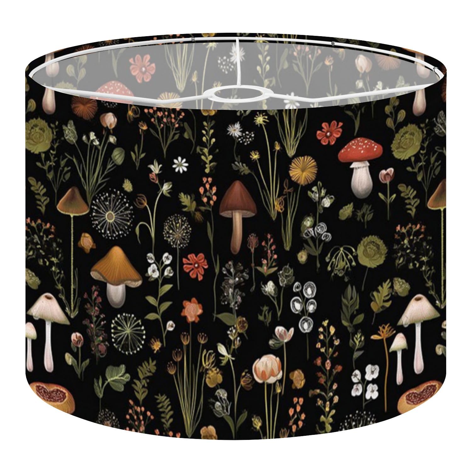 Fabric Drum Lamp Shade Botanical Mushroom Wildflower Black Vintage Funky Medium Linen Decorative Lampshades 13inch Set of 1 for Table Lamps, Floor Lamps,Ceiling Lamp