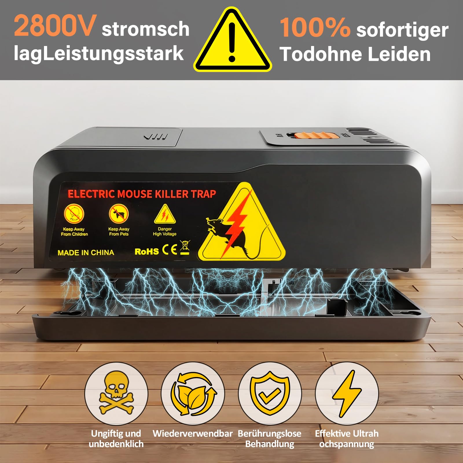 Elektrische Rattenfalle 2800V, Wiederverwendbare Mausefalle Elektrisch mit Großem Einlass, Sofortige und Schmerzlose Schädlingsbekämpfung, Hygienische Elektronische Schlagfalle für Mäuse und Ratten