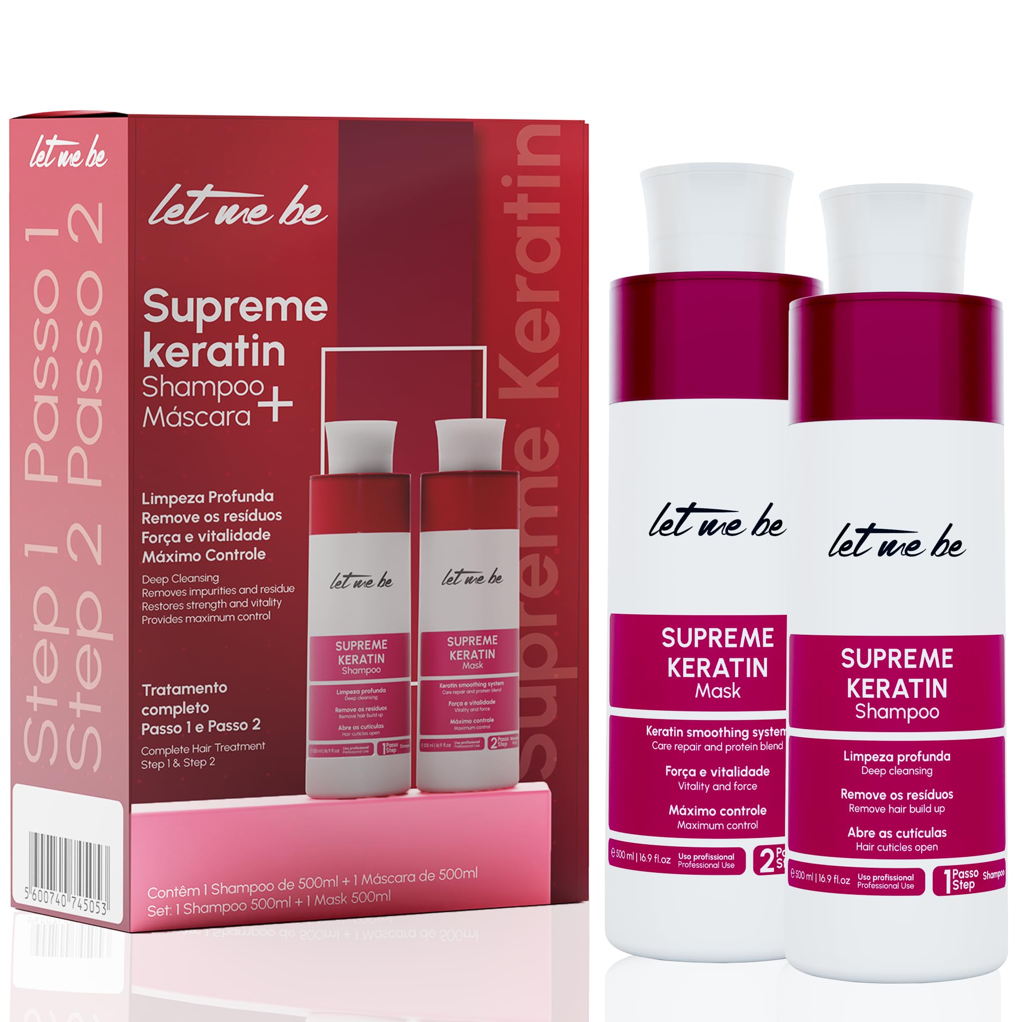 Let Me Be - Kit de Lissage à la Kératine Supremeliss Mask, 2 en 1, Shampooing et Masque Anti-résidus, Nettoyage Profond et Lissage Brésilien 100%, Longue Durée (2x500ml)