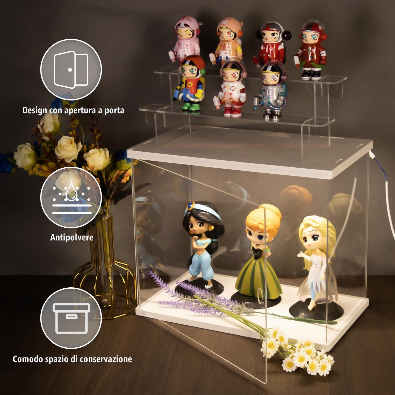 Vetrinetta Espositiva VetrinaAcrilico con Luce per Collezionismo, Teca Plexiglass con Porta per Figurine, Funko Pop, Modellini, Rocce - Bianco