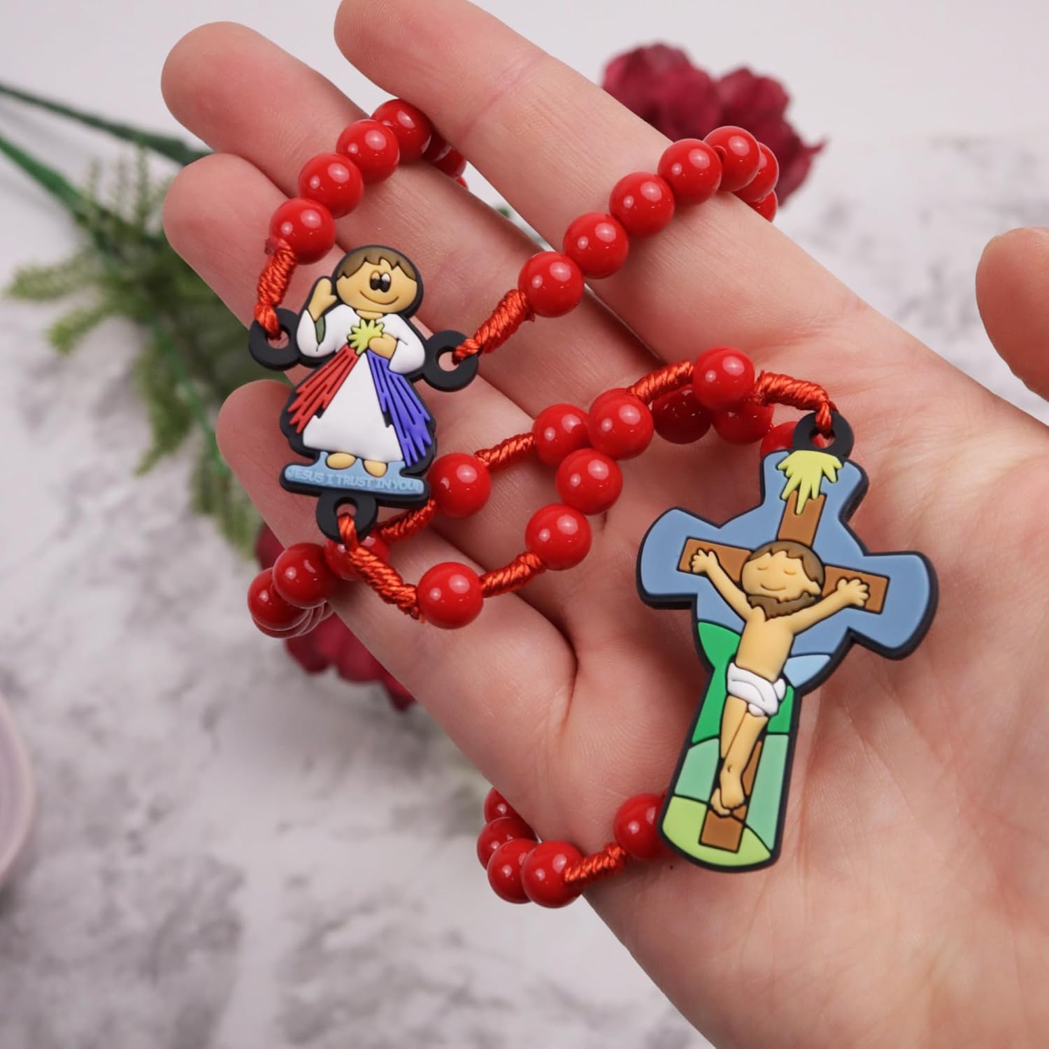 Needzo Red Divine Mercy Rosary, Colorful Crucifix Center, Rubber Material, 15.75 Inches - Image 3
