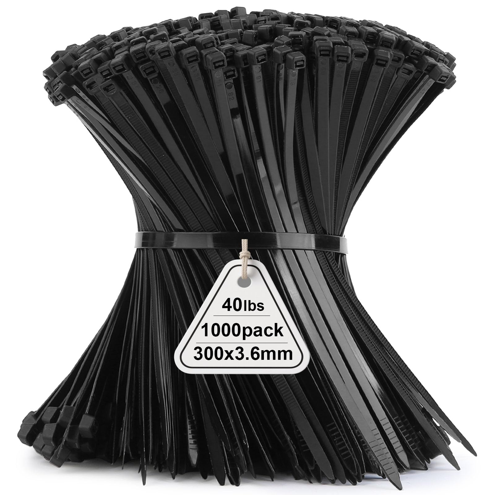 Viuxule Cable Ties 1000 Pack, 12 inch Nylon Zip Ties Black, 300 x 3.6mm Industrial Tie Wraps Tensile Strength 40 lbs