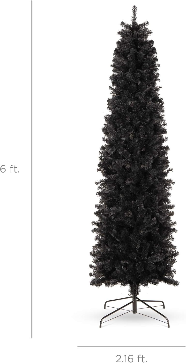 Best Choice Products 6ft Black Artificial Holiday Christmas Pencil Tree for Home, Office, Party Decoration w/ 608 Tips, Metal Hinges & Base