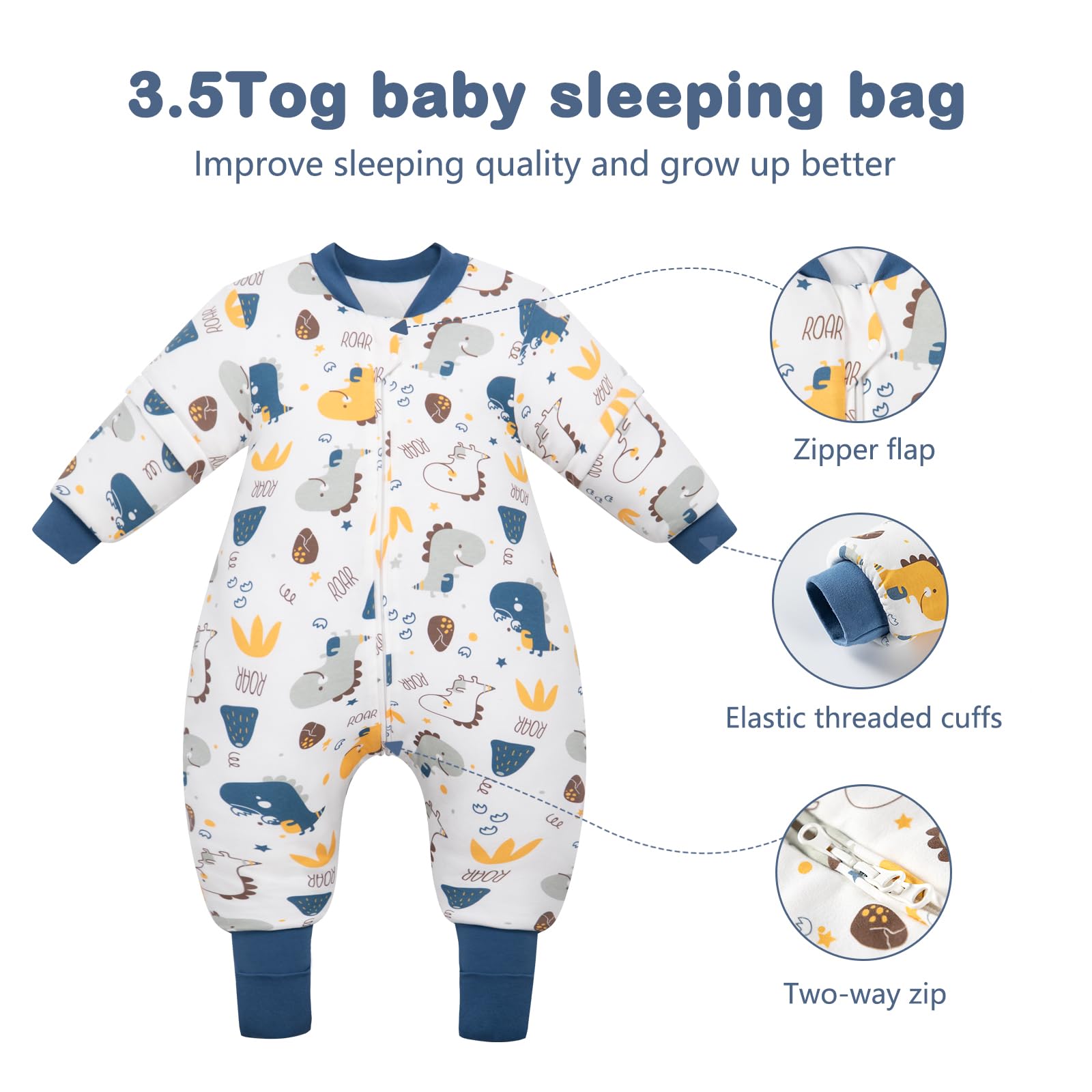 MIKAFEN Baby Sleeping Bag with Feet 3.5 tog Winter, Kid Winter Sleeping Bag with Legs,4-5 years Baby Dinosaur - Image 3