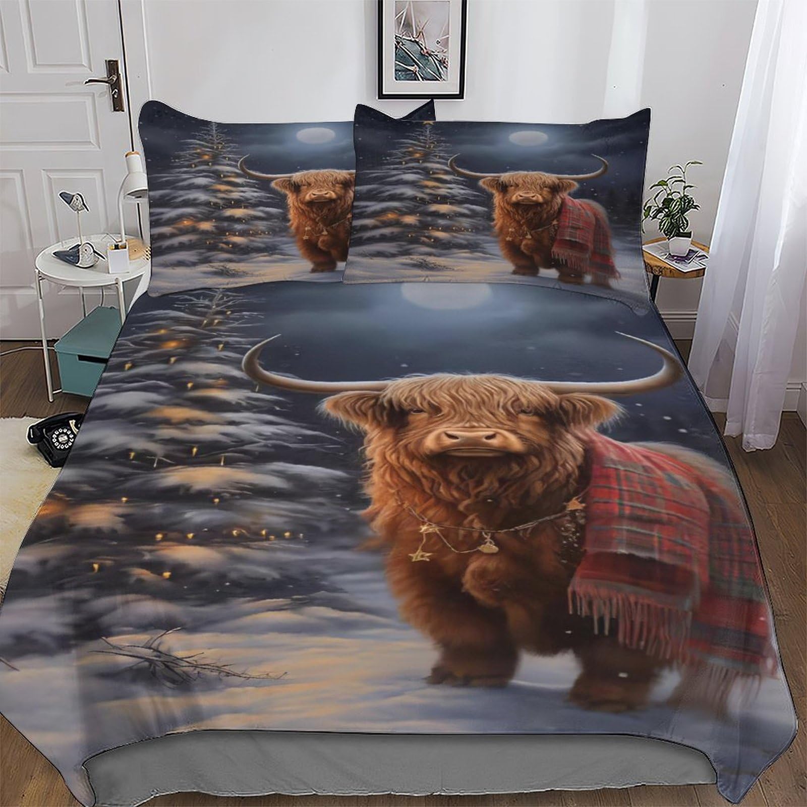 LLXXHH Highland Cow Xmas Comforter Cover Bedding Set Kids Duvet Cover Bedspread Cover with Pillowcase Soft Quilt Cover for Youth And Adult Single(135x200cm)