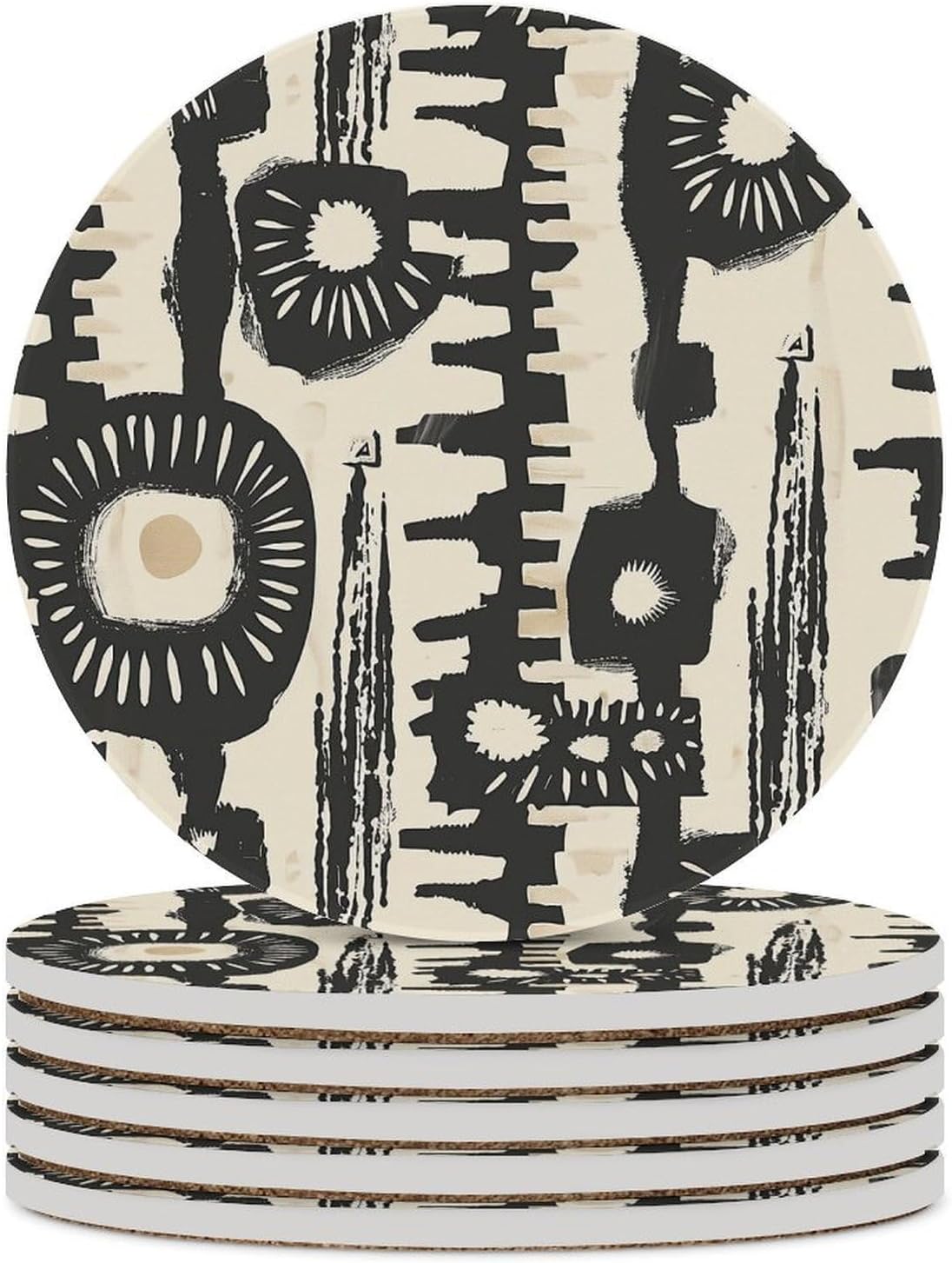 6PCS African Print Design Coasters Non-Slip Round Drink Coasters with Ceramic Stone and Cork Base, Heat Resistant Absorbent 33.00Stone Coaster Set for Kinds of Mugs and Cups, 4 Inch