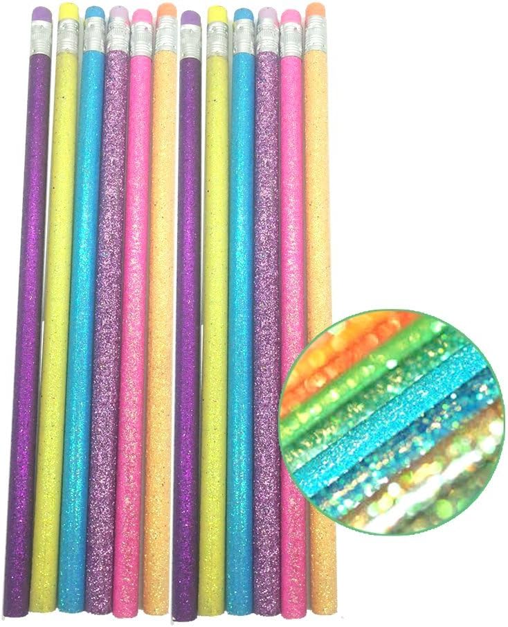 24 x Bright Sparkle Glitter Pencils With Erasers Pink Purple Silver Blue Green Yellow Party Bag Fillers