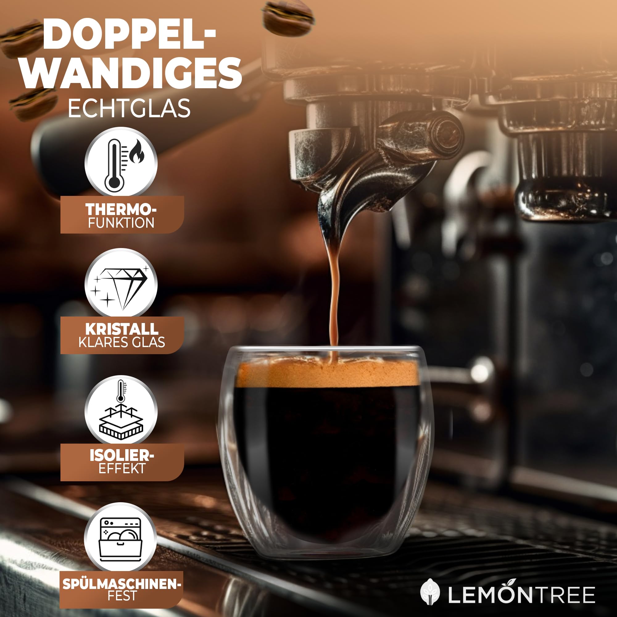 Tasses Café Double Paroi Lot De 4 Tasses à Cappuccino Verre Borosilicate - Double Paroi Avec Anse - 250ml - Lemontree Résistant Chaleur Verres Double Paroi