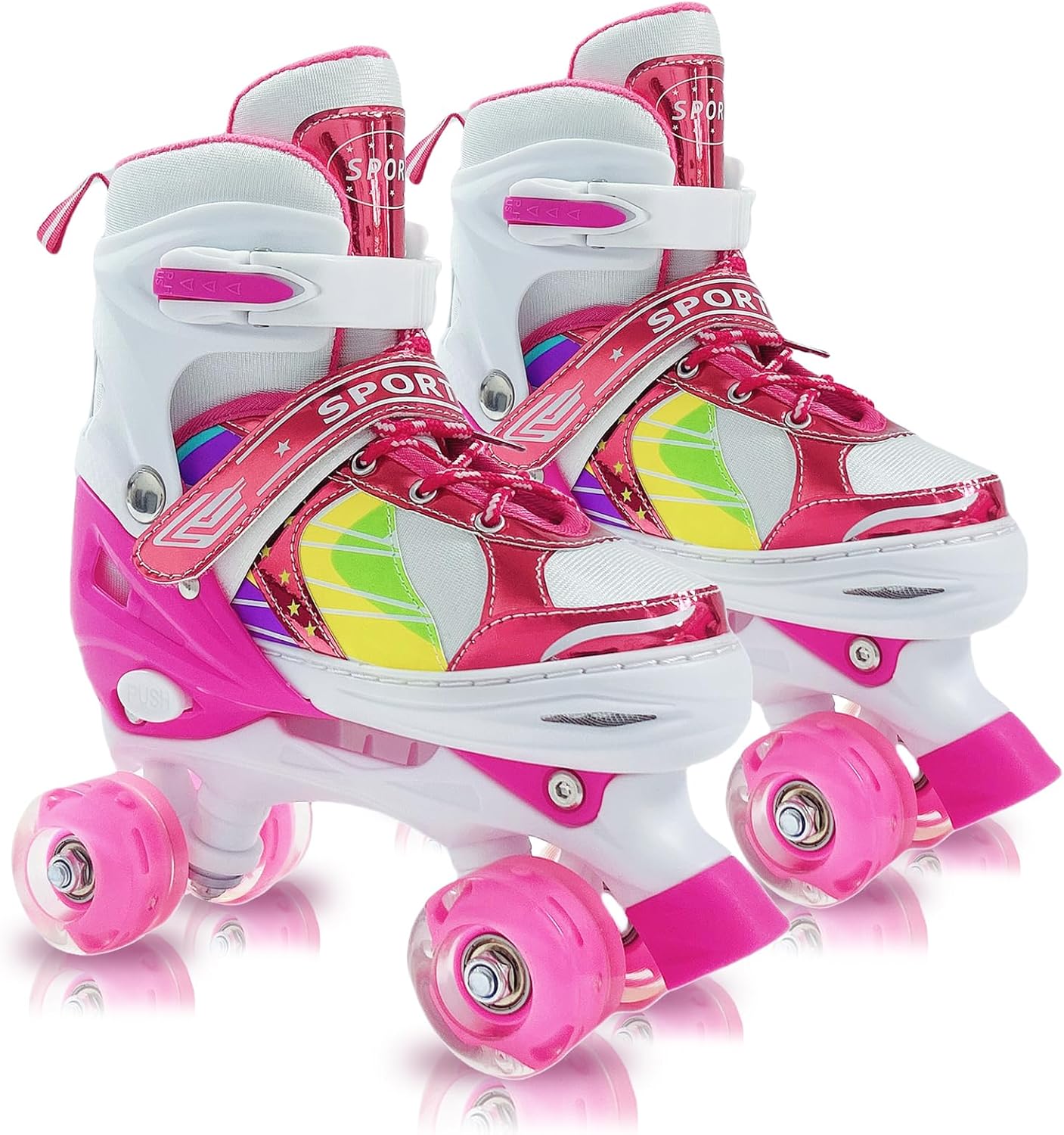 Adjustable Kids Roller Skates for Girls and Boys Ages 3-5 5-8 8-12, All 8 Wheels of Girl's Skates Shine, Safe and Fun Illuminating for Outdoor Indoor Sports Dark Pink Large-Youth (4Y-7Y)