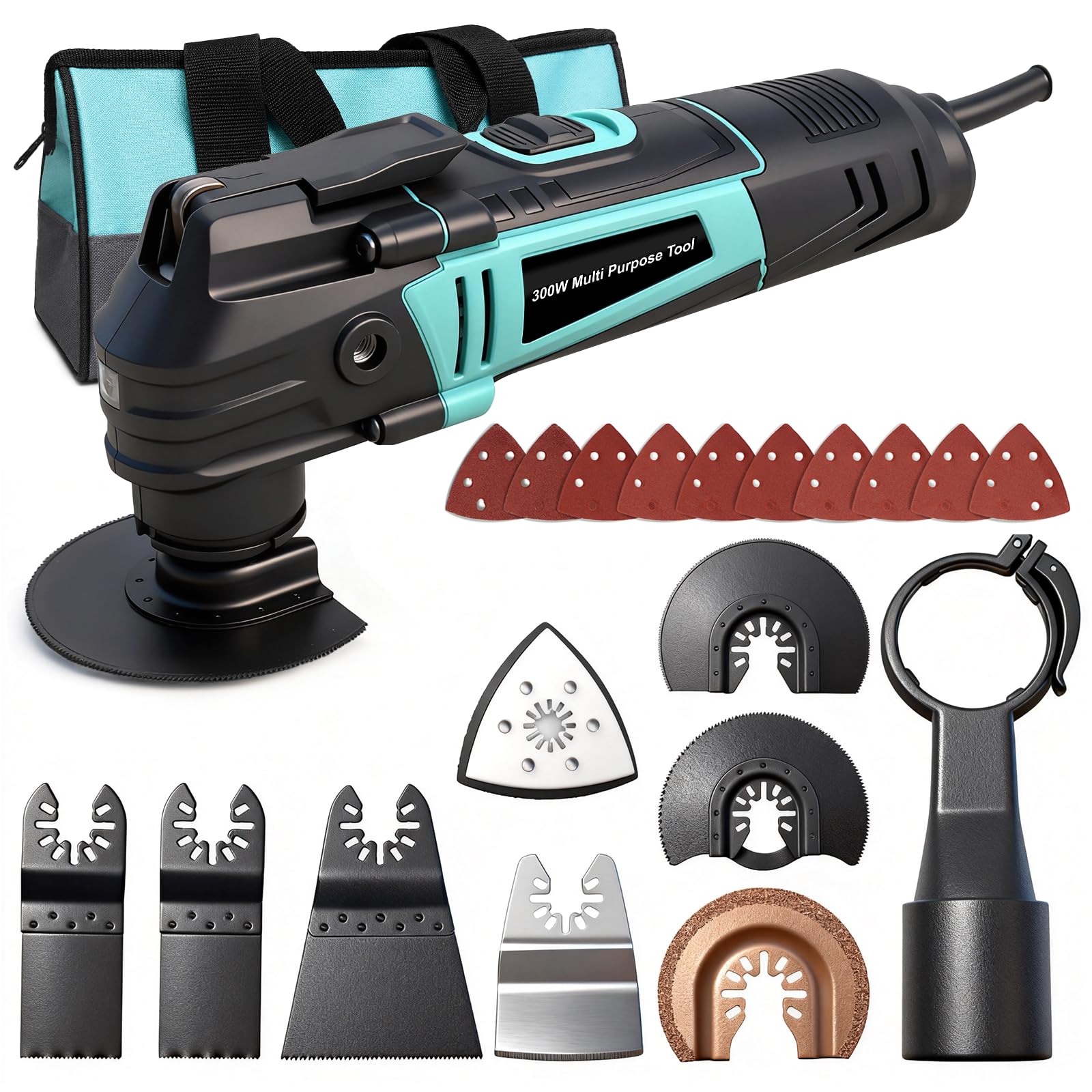 BLUEMARS Multiutensile oscillante da 300 W, 6 velocità variabili e angolo di oscillazione di 3,2°, cambio lama senza attrezzi, kit di accessori da 17 pezzi per levigatura, taglio, raschiatura