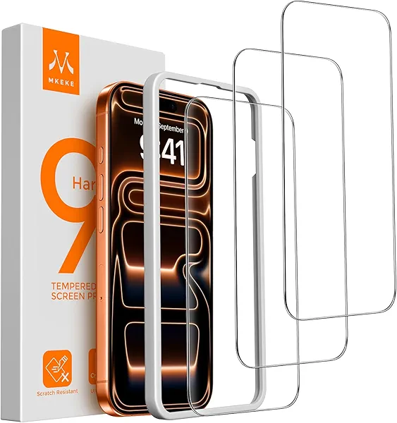 Mkeke Screen Protector Compatible with iPhone 17 Pro, 3 Pack Tempered Glass [9H+ Hardness] [Military-Grade Drop Protection] [Sensitive Touch] [Easy Installation Frame] [HD Clear] for 6.3 inch