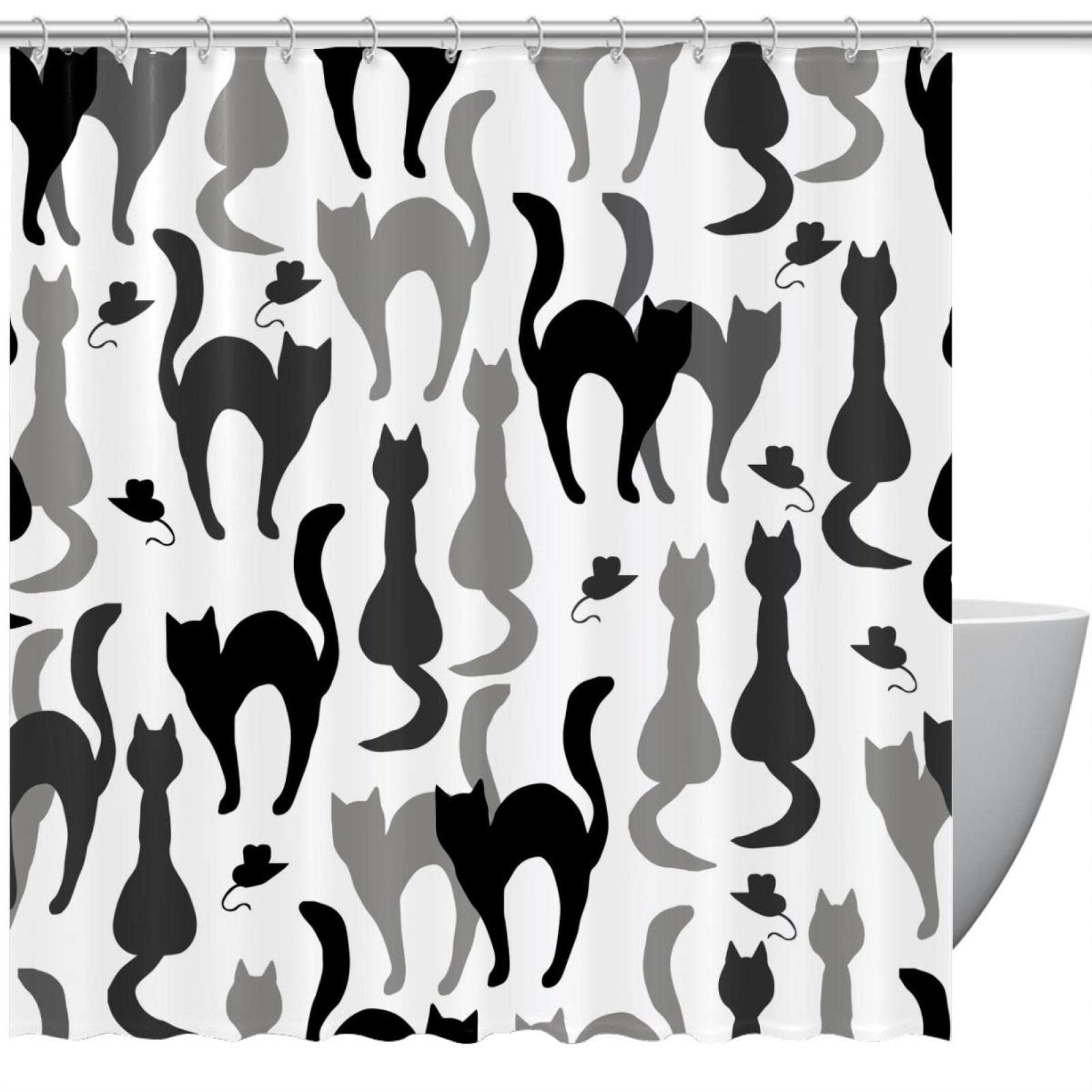 Rideau de douche motif chats gris et noir pour une ambiance cocooning zen