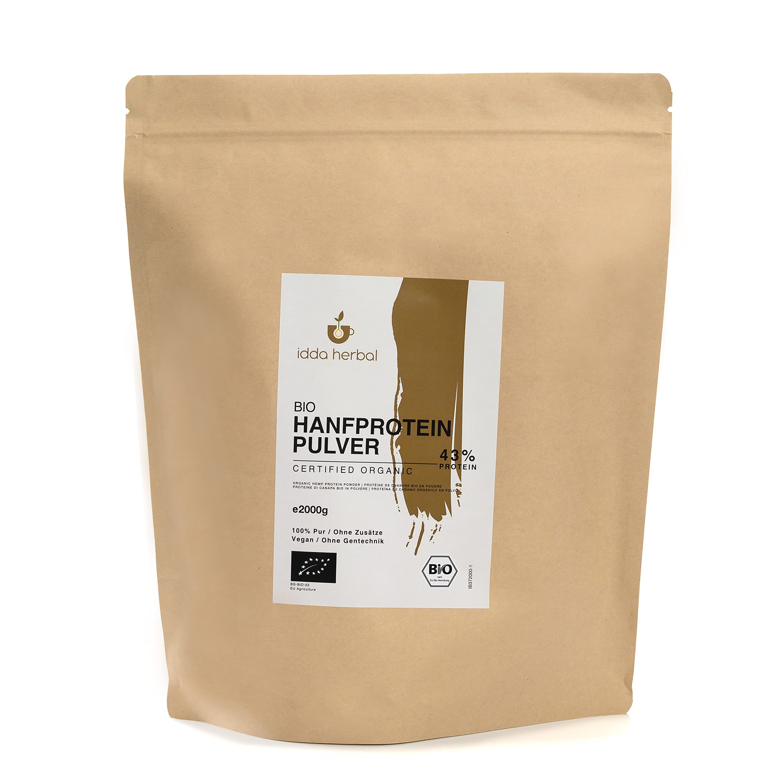 BIO Hanfproteinpulver (2kg), 43% Protein, Hanfprotein, Gemahlene Hanfsamen aus biologischem Anbau, 100% Natürlich und rein, Vegan Protein
