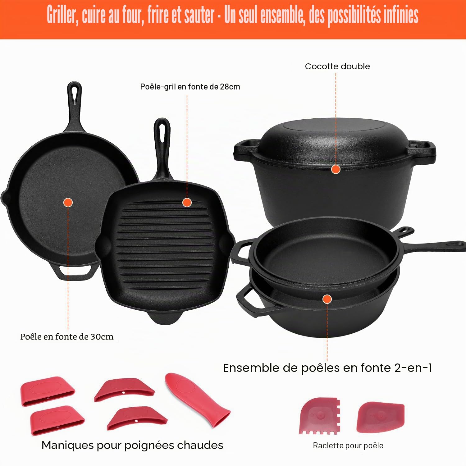 GFTIME Lot de 5 ustensiles de cuisine en fonte avec Dutch Oven 5 QT, cocotte 3,2 QT avec couvercle de poêle, poêle à griller 28 cm, poêle à frire 30,5 cm, pour cuisinière, four, barbecue, camping