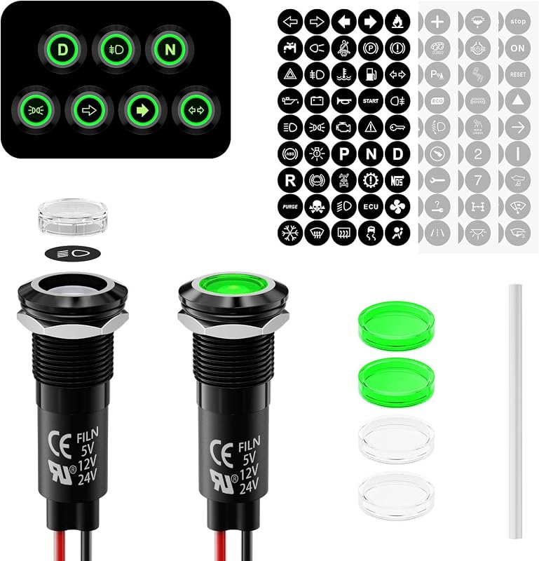 2Pcs 12mm 1/2" Green LED Symbols Indicator Light 5V 12V 24V IP67 | 180 Replacement Symbols Holes Includes Metal Pilot Lights for Cars Boats Industrial Panels Dashboards